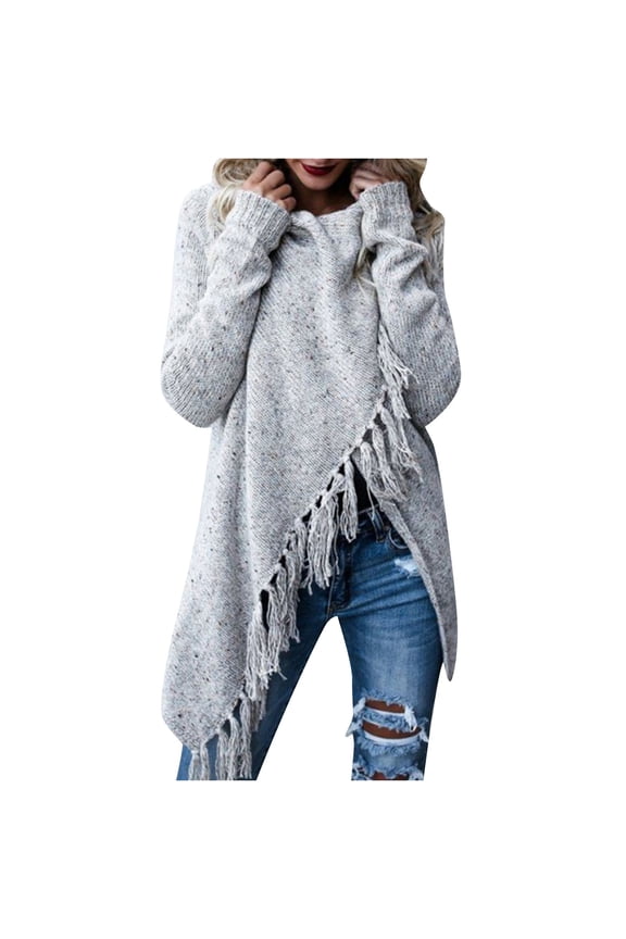 Women's Tassels Slash Loose Cardigan Open Front Knited Crew Neck Speckled Fringe Sweater Fall Long Sleeve Outerwear Gray XXL