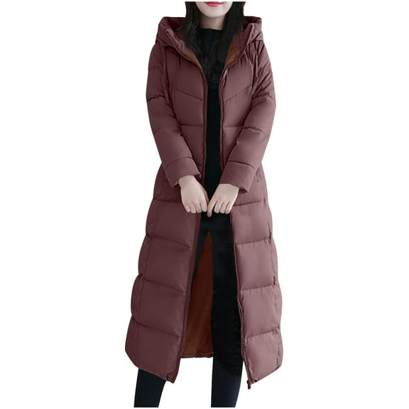 UYISJ Women's Thickened Long Down Jacket Winter Down Coat Hooded Puffer Thermal Jacket Tops with Side Zipper Coffee L