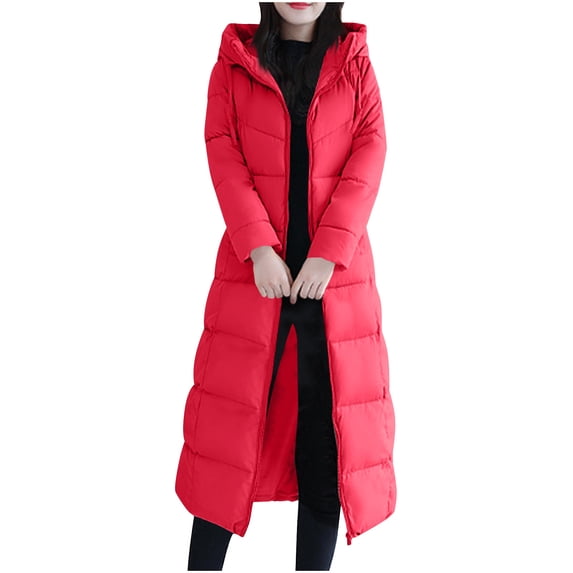 UYISJ Women's Thickened Long Down Jacket Winter Down Coat Hooded Puffer Thermal Jacket Tops with Side Zipper Red 3XL