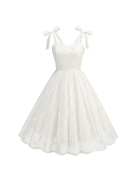 Women's Tie Strap Tulle Prom Dresses Sweetheart Flower Embroidery Dress Short Formal Party Homecoming Dresses White S