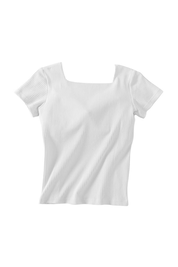 Women's Tops Short Sleeves Square Neck With Built in Bra Shirt Padded Tops Soft Fitted Top
