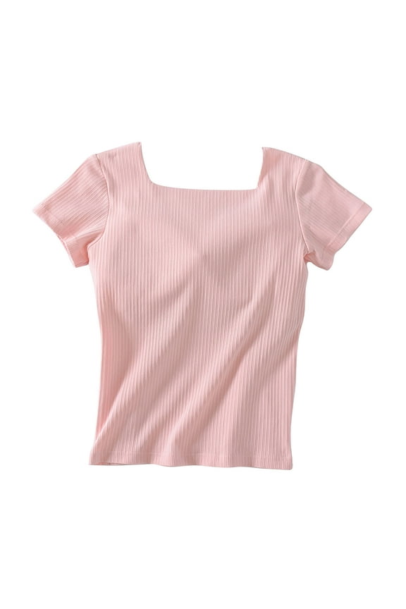 Women's Tops Short Sleeves Square Neck With Built in Bra Shirt Padded Tops Soft Fitted Top