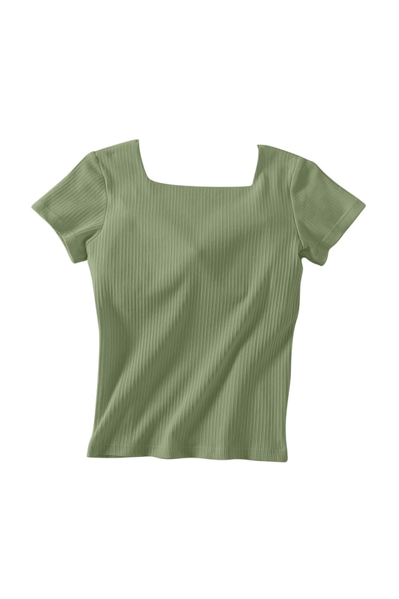 Women's Tops Short Sleeves Square Neck With Built in Bra Shirt Padded Tops Soft Fitted Top