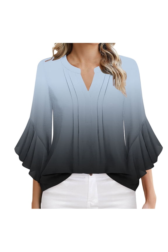 Women's Tops Three Quarters Bell Sleeve V Neck Pleated Shirts Dressy Casual Loose Gradient Color Elegant Work Daily Blouses Gray S