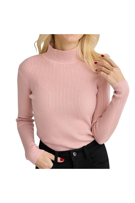 Women's Turtleneck Long Sleeve Sweaters Fall Basic Tops Slim Fitted Ribbed Knit Undershirt Thermal Solid Color Knitwear Pink Free Size