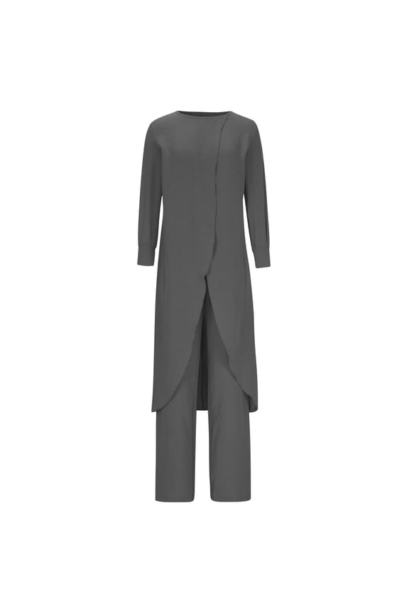 Women's Two Piece Outfits Summer Loose Split Oversized Tunic Tops and Long Pants Plus Size Business Casual Suits Dark Gray S