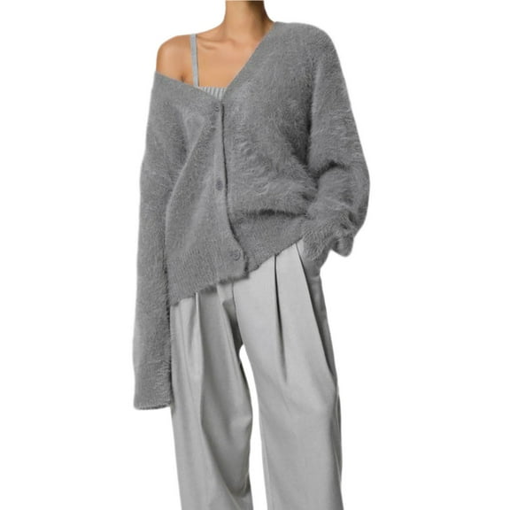 UYISJ Women's V Neck Sweaters Button Down Cardigan Long Sleeve Knit Sweater Open Front Chunky Soft Warm Knitted Outerwear Dark Gray M