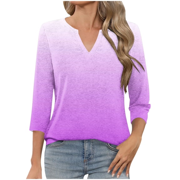 UYISJ Women's V Neck Three Quarter Sleeve T Shirts Casual Basic Fall Tees Shirts Dressy Loose Fit Tunic Tops Purple L