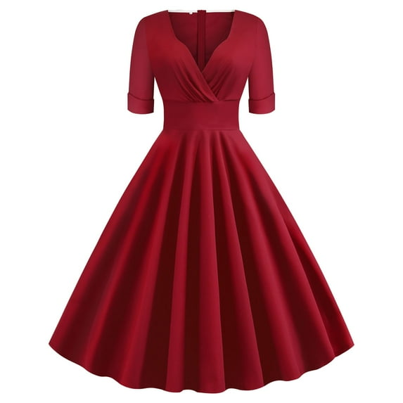 UYISJ Women's V Neck Wrap High Waist Solid Retro 40s 50s 60s Vintage Rockabilly Dress A-Line Swing Tea Cocktail Party Dress RedXL