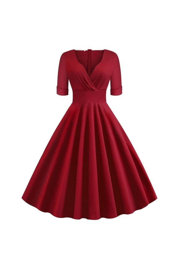 Women's V Neck Wrap High Waist Solid Retro 40s 50s 60s Vintage Rockabilly Dress A-Line Swing Tea Cocktail Party Dress RedXXL