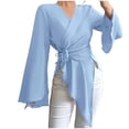 thumbnail image 1 of UYISJ Women's V Neck Wrap Tops Asymmetric Hem Trumpet Long Sleeve T Shirts Dressy Elegant Going Out Blouses Fall Outfits M, 1 of 4