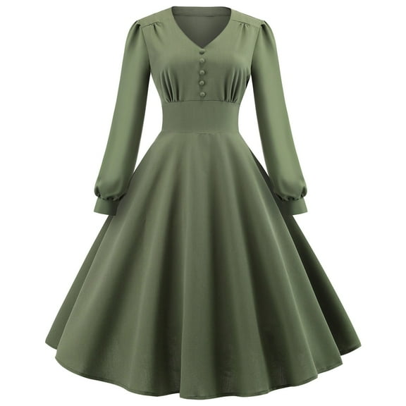 UYISJ Women's Vintage 1950s Long Sleeve Dress Retro Rockabilly Prom Dress 50's 60's A-Line Cocktail Party Swing Dress Army Green XXL