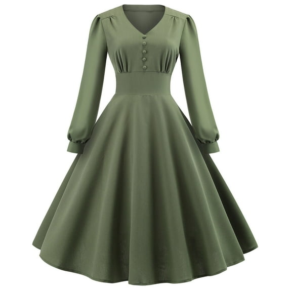 UYISJ Women's Vintage 1950s Long Sleeve Dress Retro Rockabilly Prom Dress 50's 60's A-Line Cocktail Party Swing Dress Army GreenM