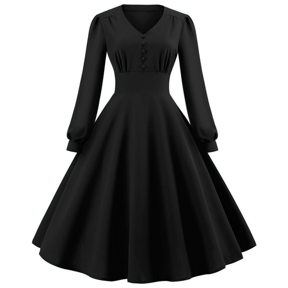 UYISJ Women's Vintage 1950s Long Sleeve Dress Retro Rockabilly Prom Dress 50's 60's A-Line Cocktail Party Swing Dress BlackXL