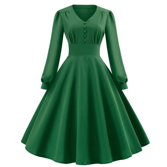 UYISJ Women's Vintage 1950s Long Sleeve Dress Retro Rockabilly Prom Dress 50's 60's A-Line Cocktail Party Swing Dress Green XXL