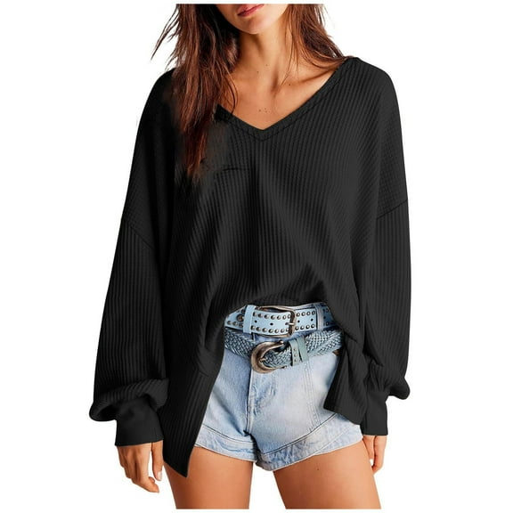 UYISJ Women's Waffle Knit Tops Casual Fashion Long Lantern Sleeve Loose Fit Blouses V Neck Oversized Pullover T Shirts L