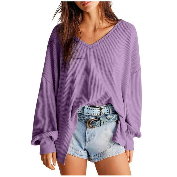 UYISJ Women's Waffle Knit Tops Casual Fashion Long Lantern Sleeve Loose Fit Blouses V Neck Oversized Pullover T Shirts Purple L