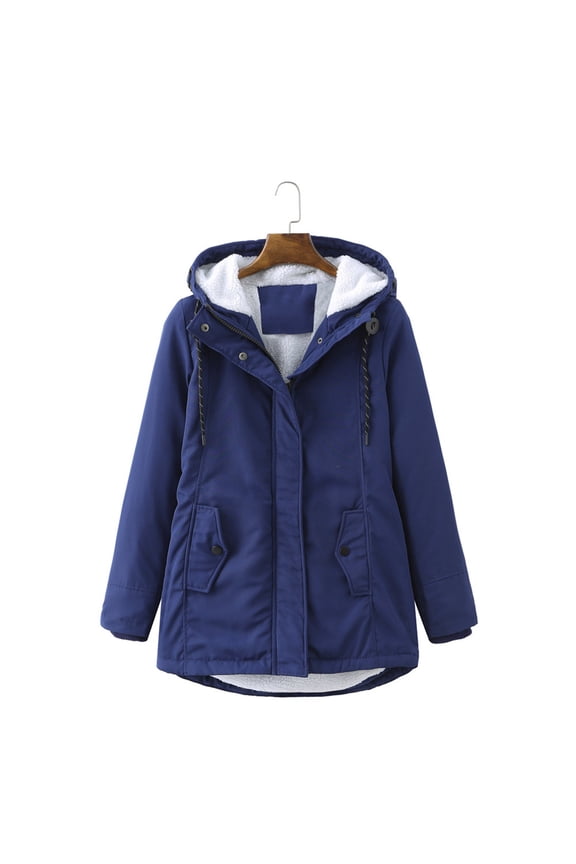 Women's Warm Winter Coat with Side Pockets Thick Fleece Lined Zip up Parka Solid Color Coat Plus Size Jacket With Hood Navy 4XL