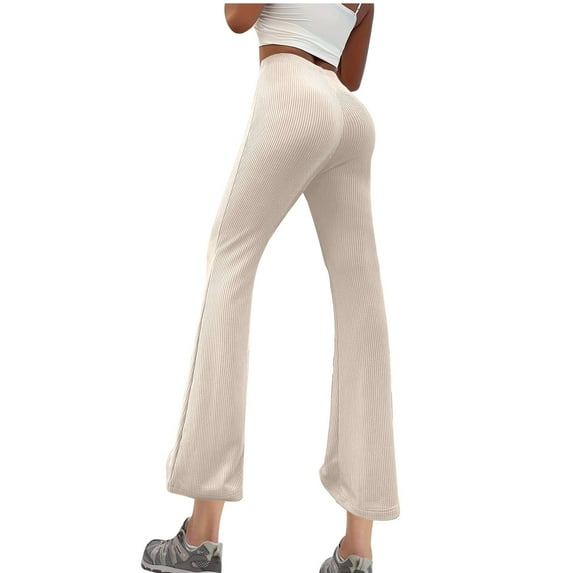 UYISJ Women's Wide Leg Pants Ribbed Knit High Waist Casual Trousers Lounge Solid Color Pants Slim Fit Bell Leg Trousers Beige L