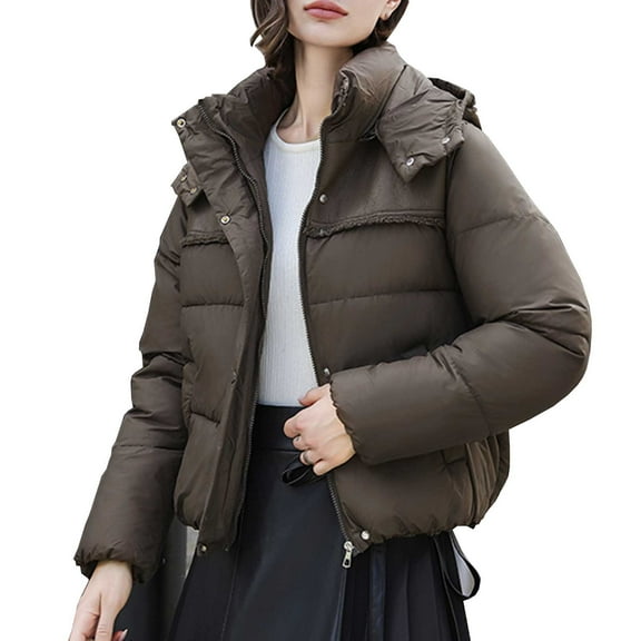 UYISJ Women's Winter Cropped Puffer Jacket with Hood Waterproof Short Warm Quilted Jacket Puffy Bubble Coat Outerwear Coffee M