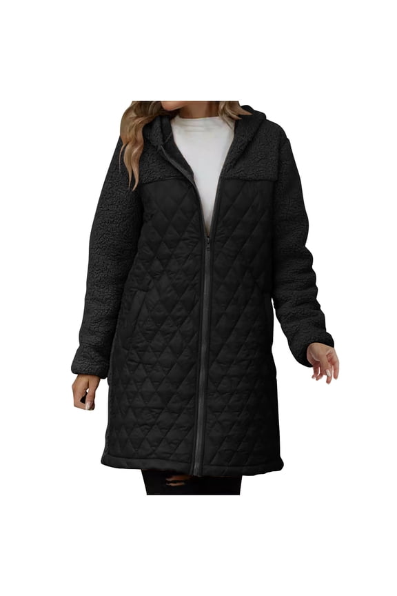 Women's Winter Fashion Clothes Oversized Shearling Fleece Long Sleeve Thermal Coats Solid Color Hooded Jackets XL