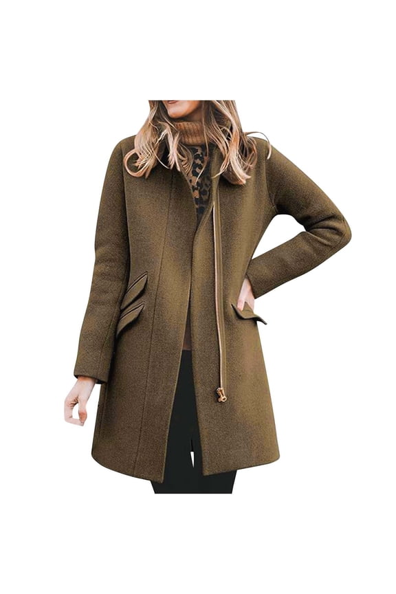 Women's Winter Outerwear Overcoat Lapel Collar Mid Length A-line Single Breasted Pea Coat Fall Slim Fit Tops Green L