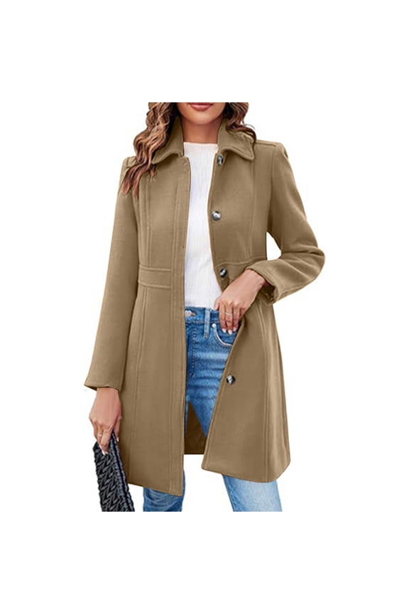 Women's Winter Outerwear Overcoat Lapel Collar Mid Length A-line Single Breasted Pea Coat Fall Slim Fit Tops Khaki XXL