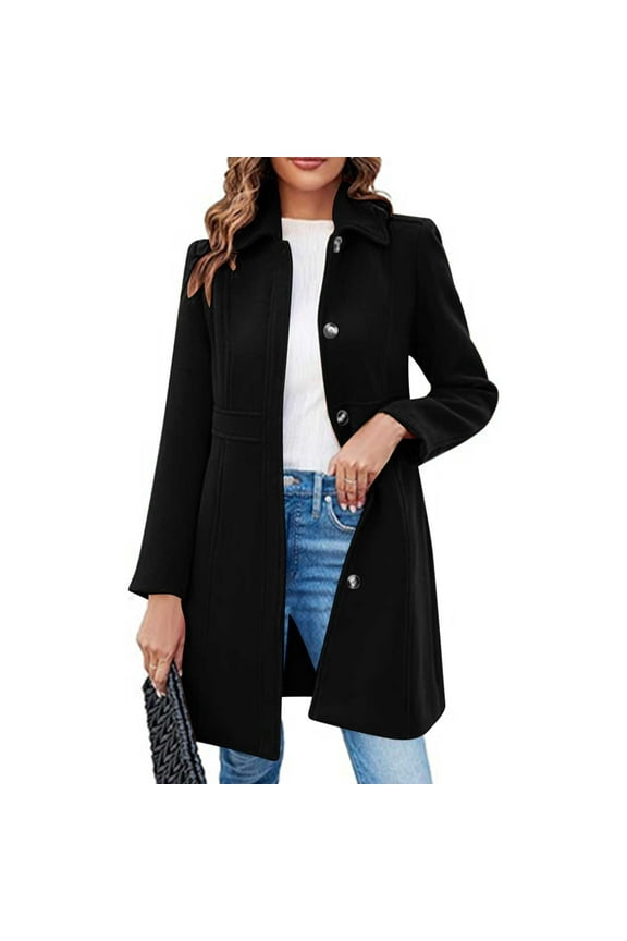 Women's Winter Outerwear Overcoat Lapel Collar Mid Length A-line Single Breasted Pea Coat Fall Slim Fit Tops XL
