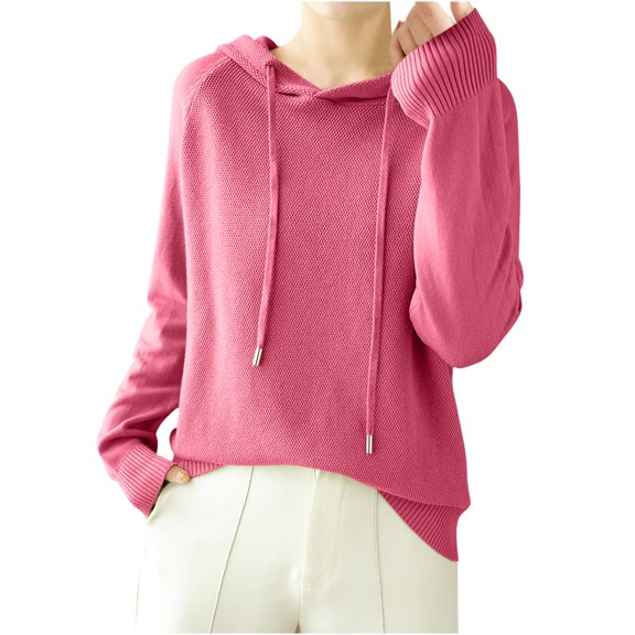 UYISJ Women's Wool Hoodies Fall Winter Warm Soft Sweater Long Sleeve Knitted Sweatshirt Casual Drawstring Pullover Tops Hot Pink XL