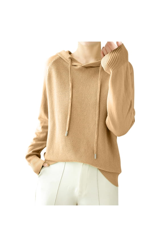 Women's Wool Hoodies Fall Winter Warm Soft Sweater Long Sleeve Knitted Sweatshirt Casual Drawstring Pullover Tops Khaki XXL