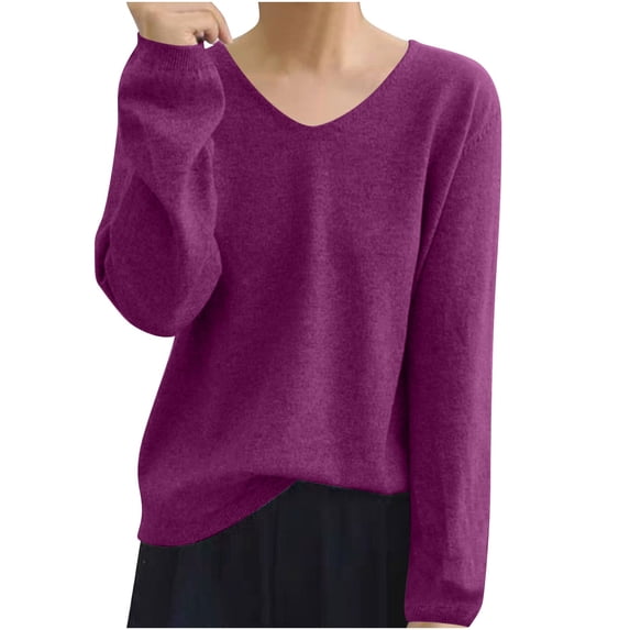 UYISJ Women's Wool V Neck Sweater Casual Long Sleeve Seamless Knit Sweater Casual Fall Solid Color Knitwear Purple Free Size