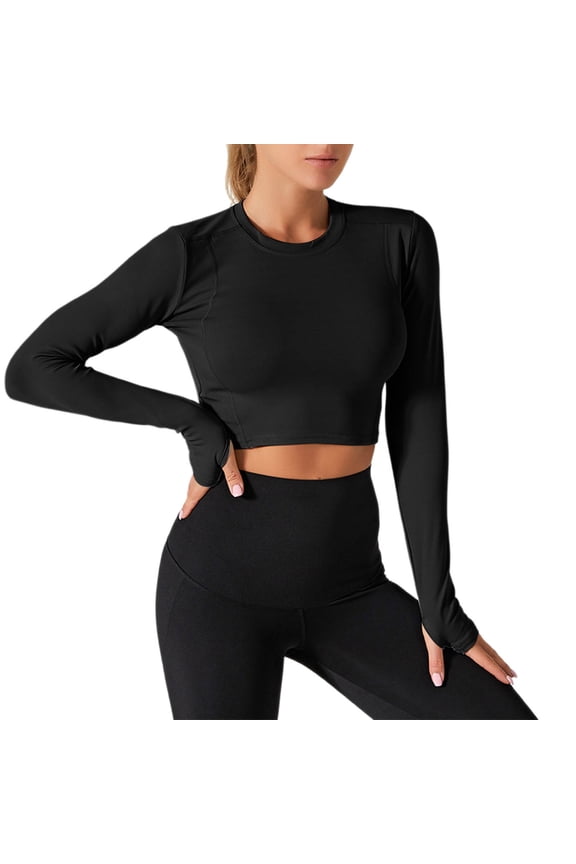 Women's Workout Shirts Long Sleeve Yoga Gym Basic Crop Tops Athletic Compression Tee Tops Black M