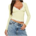 thumbnail image 1 of UYISJ Women's Y2K Long Sleeve Crop Top V Neck Lace Trim T-Shirt Slim Fit Streetwear Yellow XL, 1 of 5