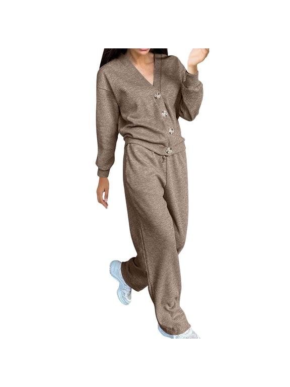 Womens 2 Piece Outfits Sweater Lounge Set Casual V Neck Button Down Suits Long Sleeve Top Wide Leg Pants Loungewear Coffee 3XL