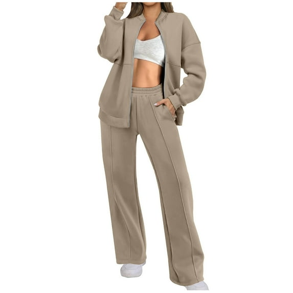 UYISJ Womens 2 Piece Outfits Sweatsuits Oversized Zip Up Sweatshirt Jogger Sweatpants Tracksuit Sweat Lounge Matching Set Khaki XL