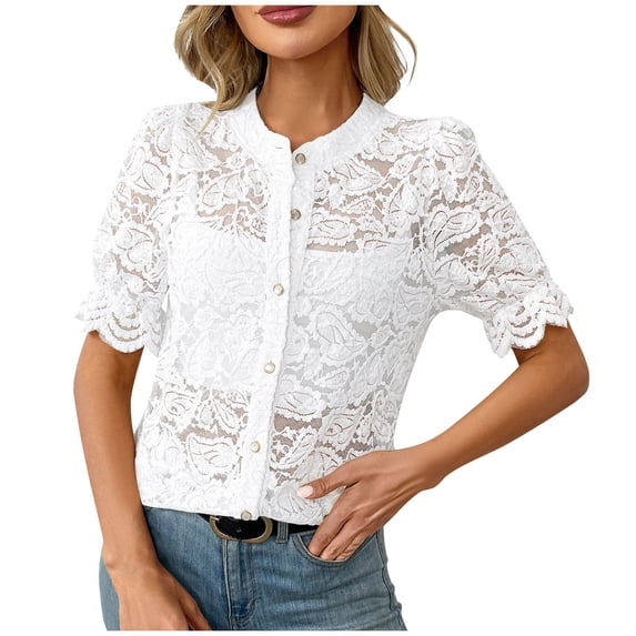 UYISJ Womens 2025 Spring Summer Lace Tops Short Puff Sleeve Casual Dressy Blouses Eyelet Crew Neck Button Down Shirts S