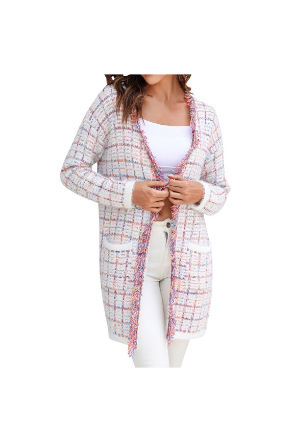 Womens Boho Cardigan Sweater Open Front Fringed Tassels Cardigan Jacket Loose Fit Plaid Outerwear with Pockets Pink L