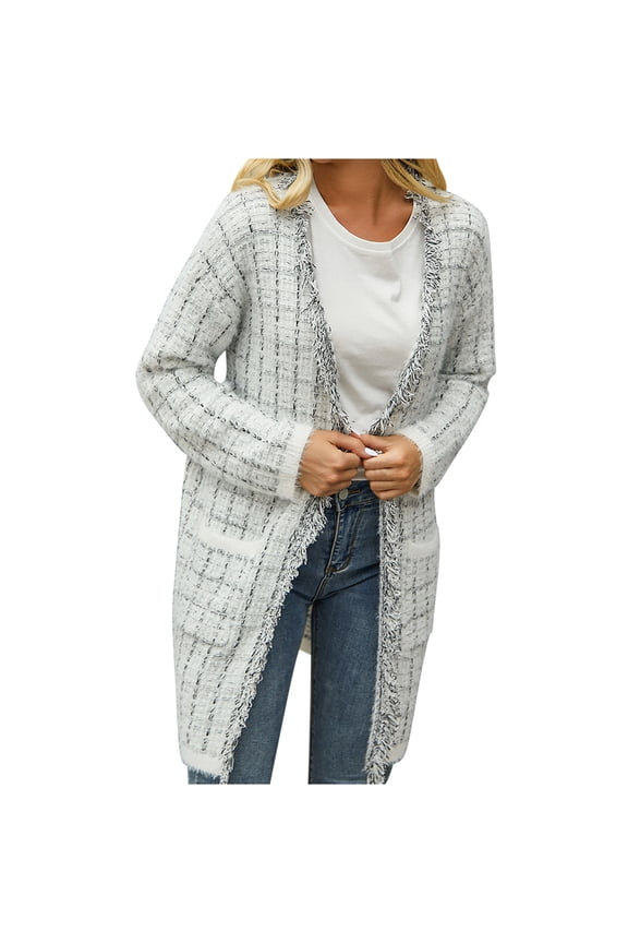 Womens Boho Cardigan Sweater Open Front Fringed Tassels Cardigan Jacket Loose Fit Plaid Outerwear with Pockets S