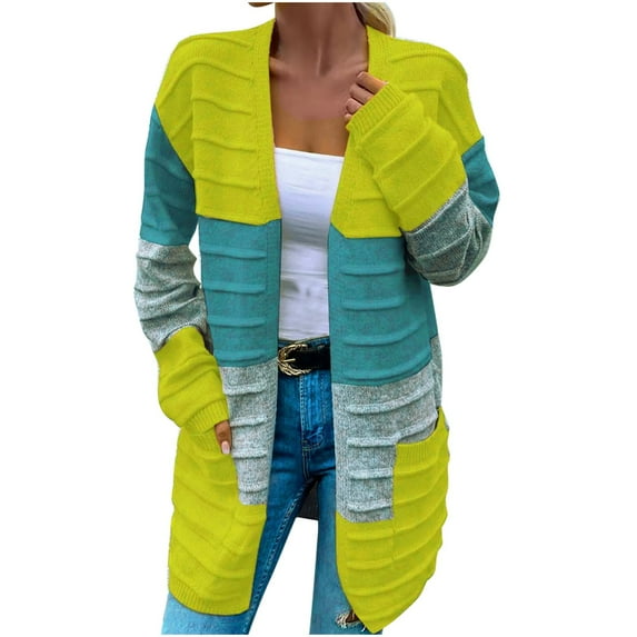 UYISJ Womens Boho Open Front Cardigan Colorblocked Long Sleeve Loose Fit Knitwear Lightweight Color Blocked Sweaters Green M