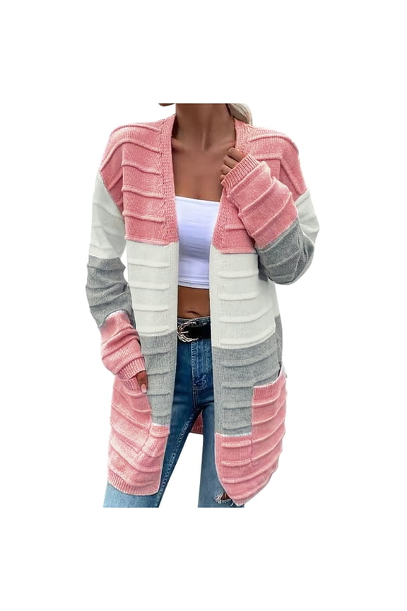 Womens Boho Open Front Cardigan Colorblocked Long Sleeve Loose Fit Knitwear Lightweight Color Blocked Sweaters Pink XXL
