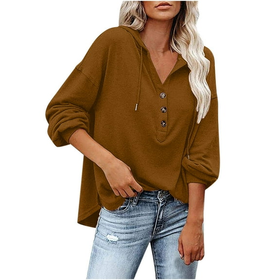 UYISJ Womens Button Down Hoodies Loose Fit Sweatshirt Casual Long Sleeve Shirts for Women Fall Pullover Tops With Pocket Coffee XL