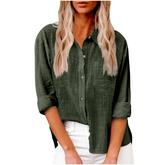 UYISJ Womens Button Down Shirt Cotton Linen Shirts Collared Long Sleeve Oversized Business Blouses with Front Pocket Army Green 3XL