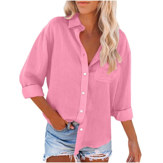 UYISJ Womens Button Down Shirts Long Sleeve Collared Dress Shirts Linen Cotton Button Up Oversized Blouses Tops Casual Tops with Pockets Pink L