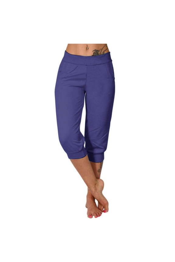Womens Capri Pants Summer Low Rise Joggers Elastic Waisted Causal Solid Color Yoga Pants Loose Fit Capris with Pockets Navy XXL
