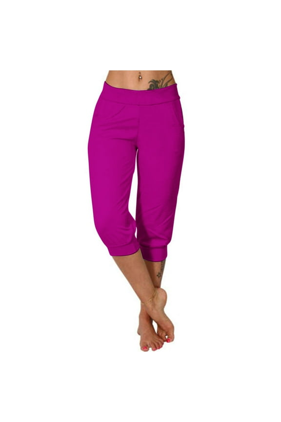Womens Capri Pants Summer Low Rise Joggers Elastic Waisted Causal Solid Color Yoga Pants Loose Fit Capris with Pockets Pink XXL