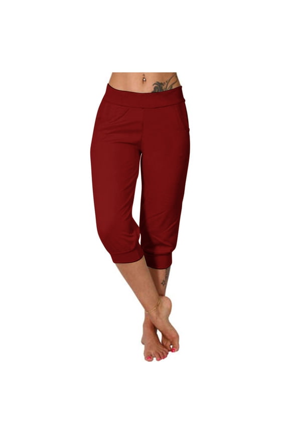 Womens Capri Pants Summer Low Rise Joggers Elastic Waisted Causal Solid Color Yoga Pants Loose Fit Capris with Pockets Wine XXL