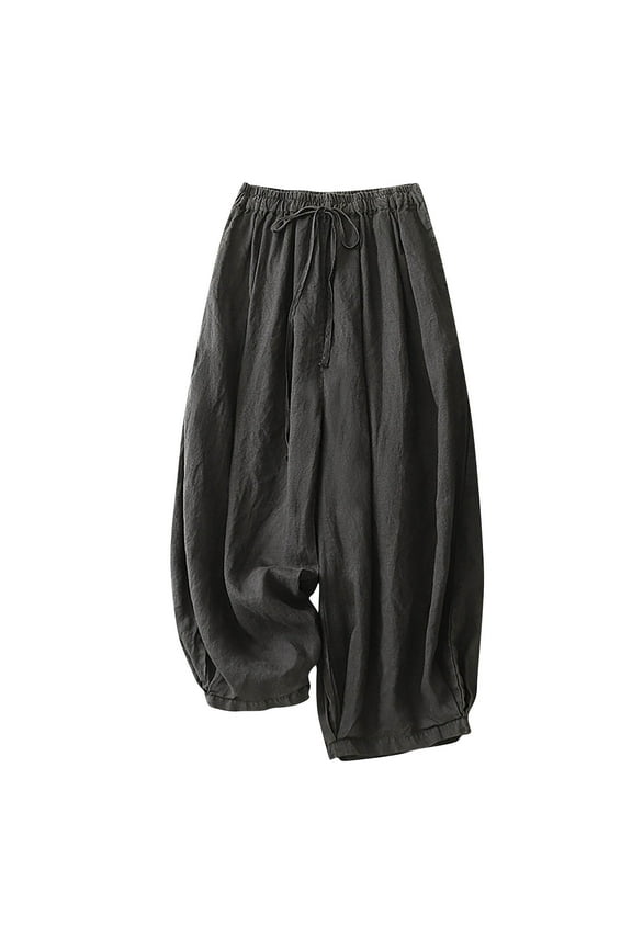 Womens Casual Linen Baggy Pants Elastic Waist Loose Fit Cotton Hippie Harem Pant Drop Crotch Yoga Work Pants Gray M