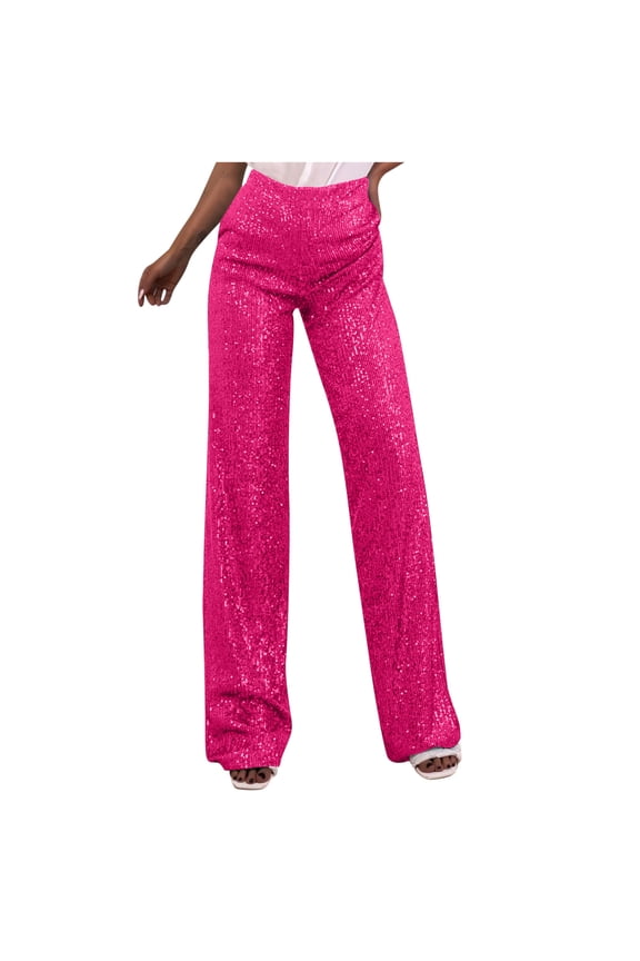 Womens Casual Sparkle Sequin Glitter Bling Yoga Pants Wide Leg Palazzo Flared Trousers Sequins Pants Party Clubwear Hot Pink L