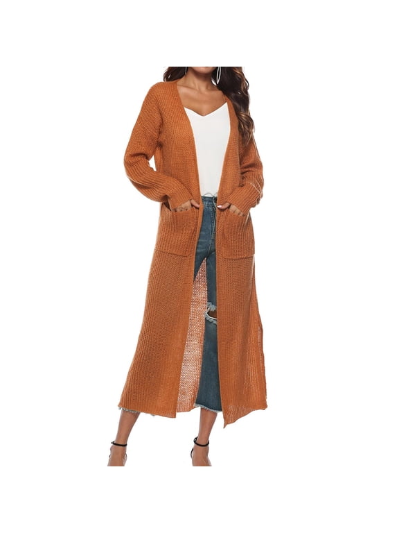 Womens Casual Sweaters Long Sleeve Split Open Cardigan Knit Long Cardigan Sweaters Loose Fit Coats with Pockets Fall Yellow XL