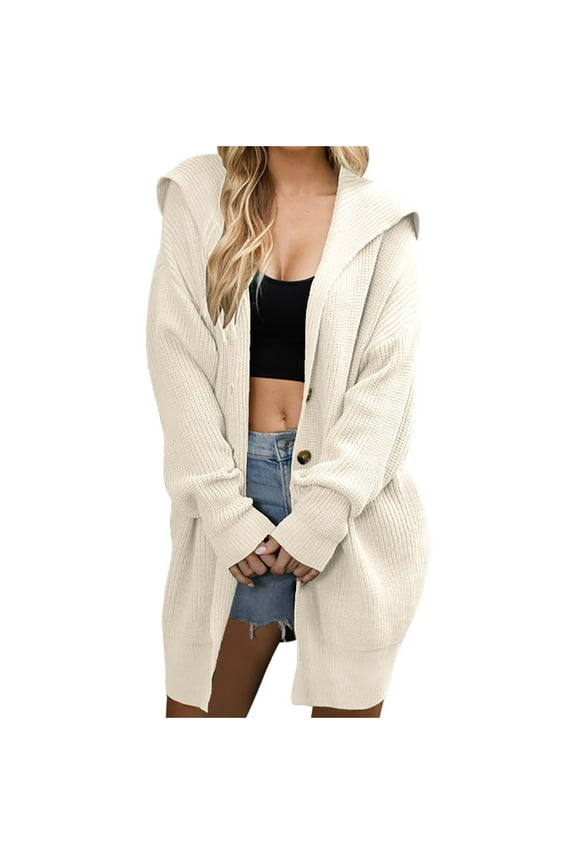 Womens Chunky Cable Knit Long Cardigan Warm Open Front Sweaters Hooded Knitted Sweater Button Down Outerwear Coats Beige M